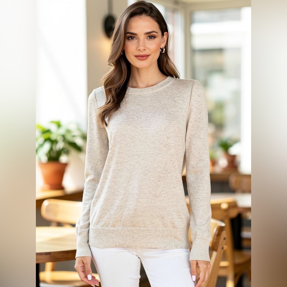 Banana Republic Forever Soft Beige Crewneck Sweater Lightweight Cotton XS